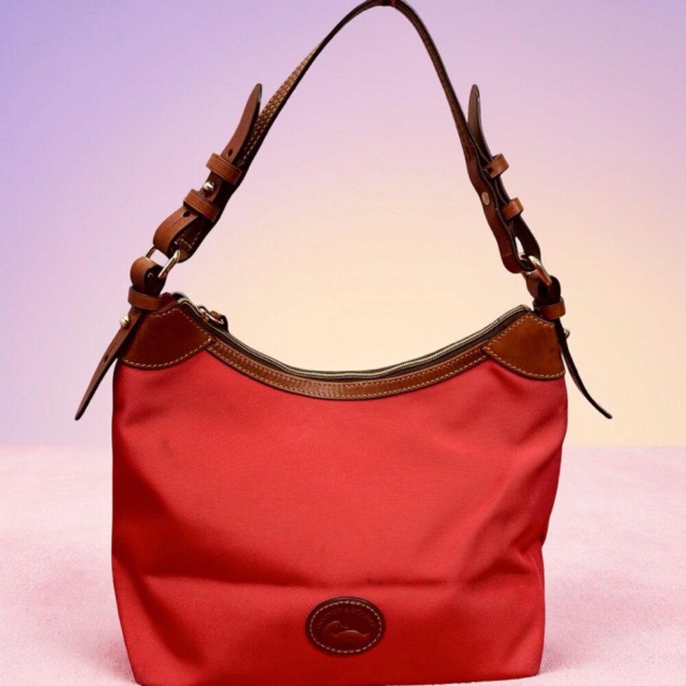 Red Dooney & Bourke ShoulderBag Boho Canvas Brown trim Leather 14"x8"x10" (43 - Picture 2 of 15